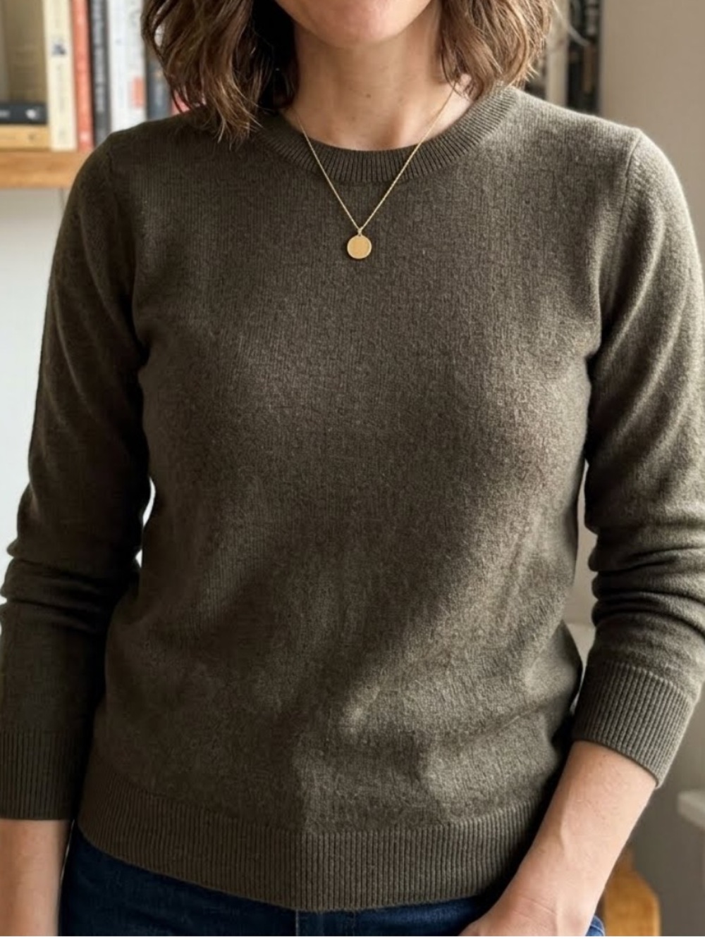 Antonio Melani Cashmere Sweater Crewneck Olive Green Plush Soft Quiet Luxury S